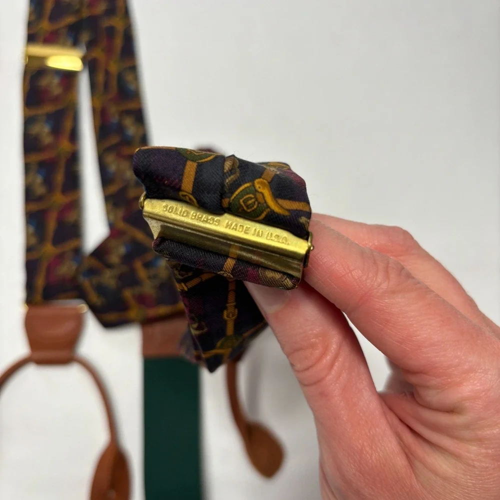 VTG Polo Ralph‎ Lauren Suspenders Horse Chain Print Equestrian Heritage Leather
